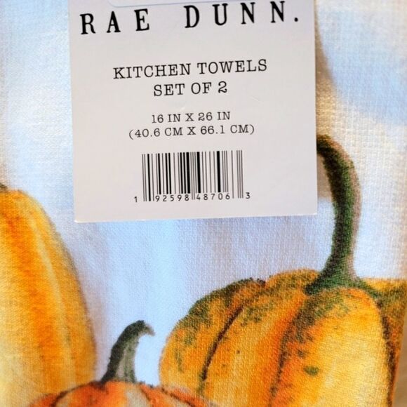 Rae Dunn Happy Harvest Kitchen towels set of 2 orange pumpkins 16in x 26in - Picture 8 of 11
